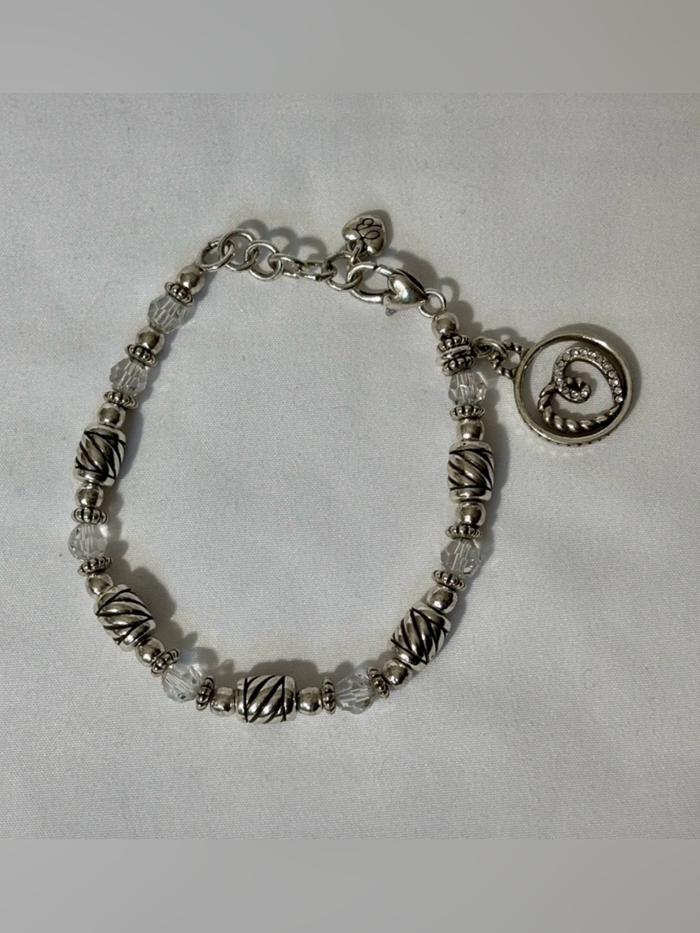 Brighton Silver Plated Spiral Heart Charm Beaded Crystal Bracelet